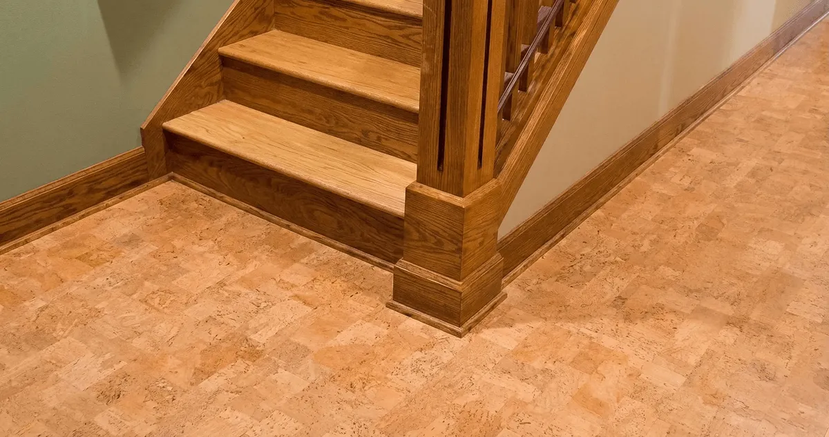 End of a staircase with cork flooring in Lincoln, NE